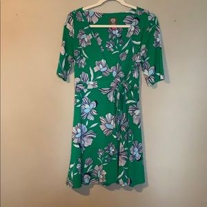 Green wrap floral dress.